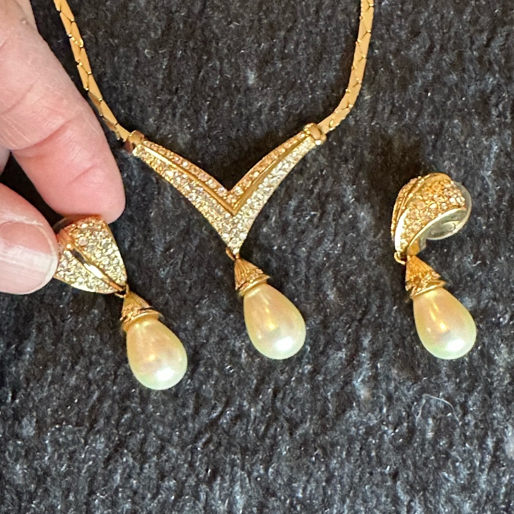 Vintage Christian Dior gold tone drop pearl necklace and earrings.
